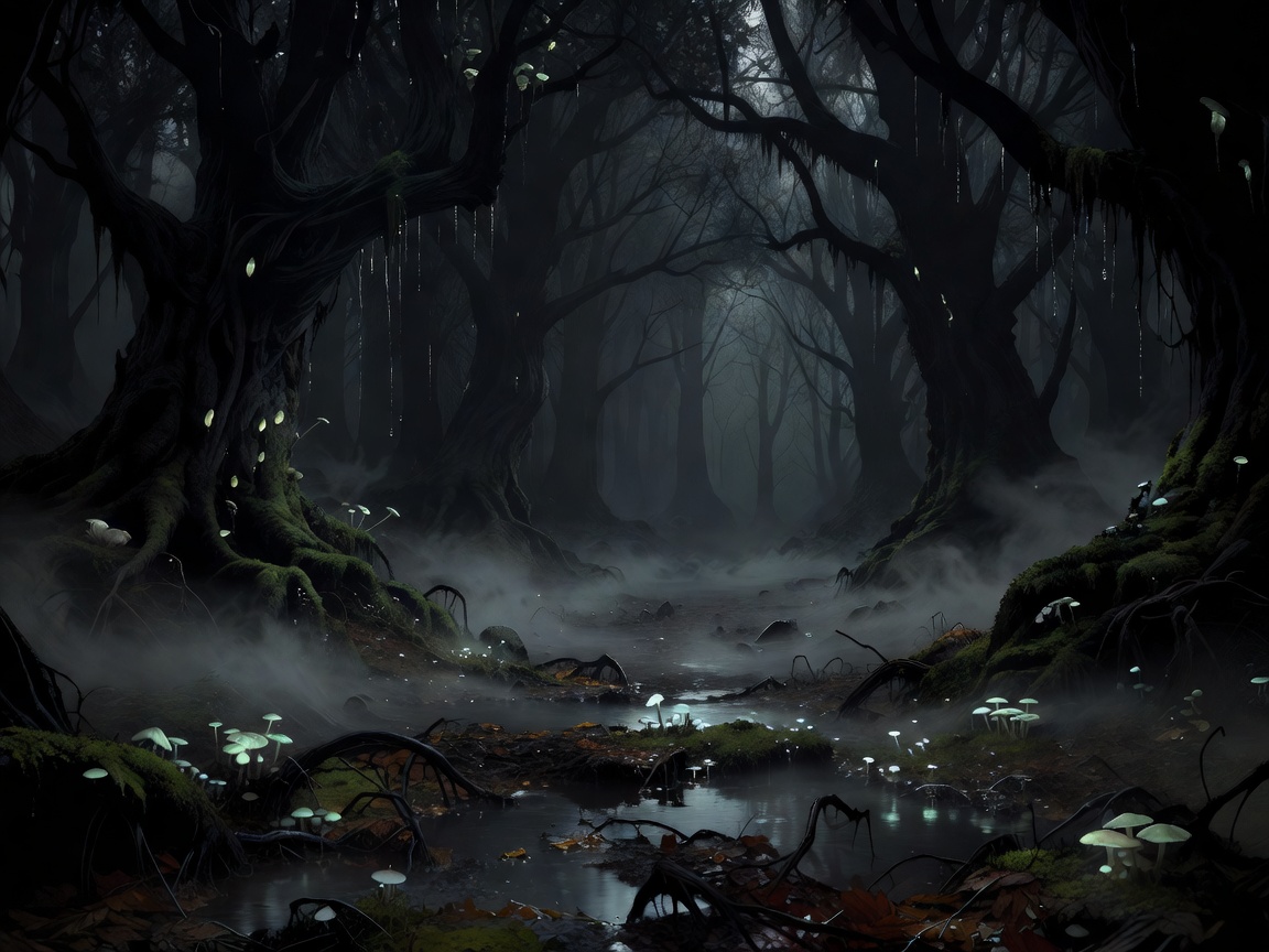 Tumma sumuinen metsä, jonka tunnelma vastaa Hallownestin hiljaisia ja kosteita käytäviä